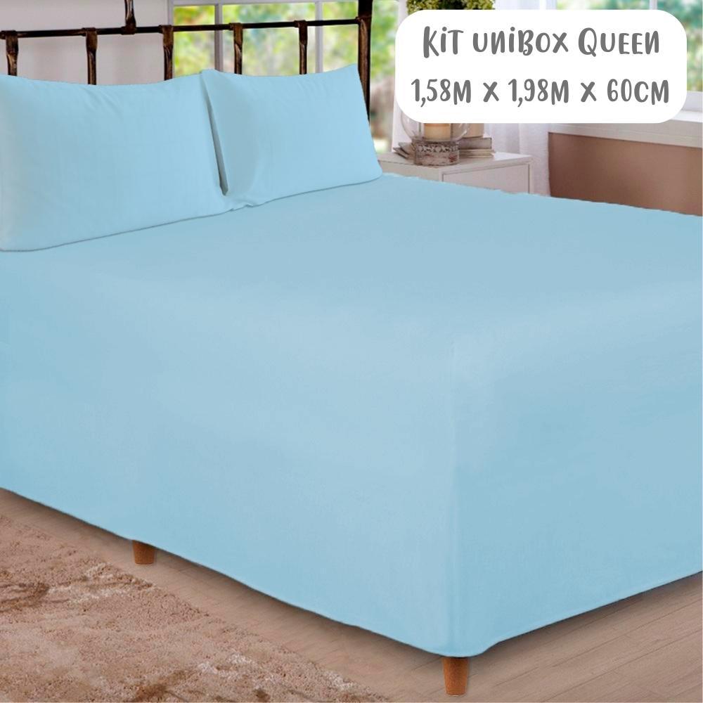 Jogo de Lençol 3 Peças Box Conjugado Unibox Queen Azul Arrumadinho Enxovais